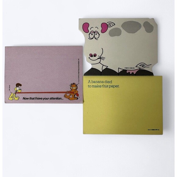 3 Vintage Post It Note Pads Cow Garfield Banana Partially Used 4x3" - Picture 1 of 15